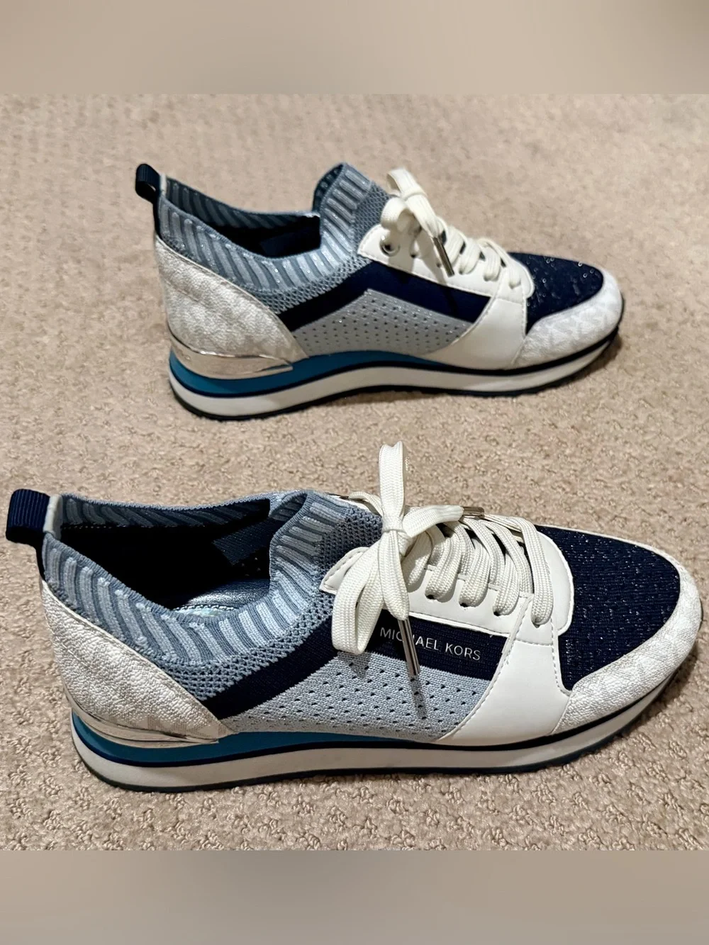 Michael Kors Women’s Navy, White and Light Blue Knit Lace-Up Sneakers
